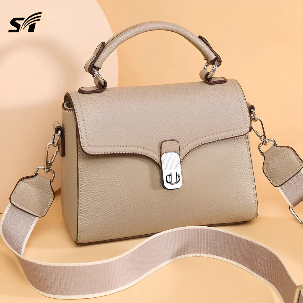 Korean commuter women's cross-body bag in genuine leather, oval shape, sandwich pocket, 21x18x9cm