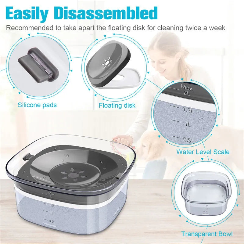 Transparent plastic pet water bowl with floating disc showing water level and non-slip base