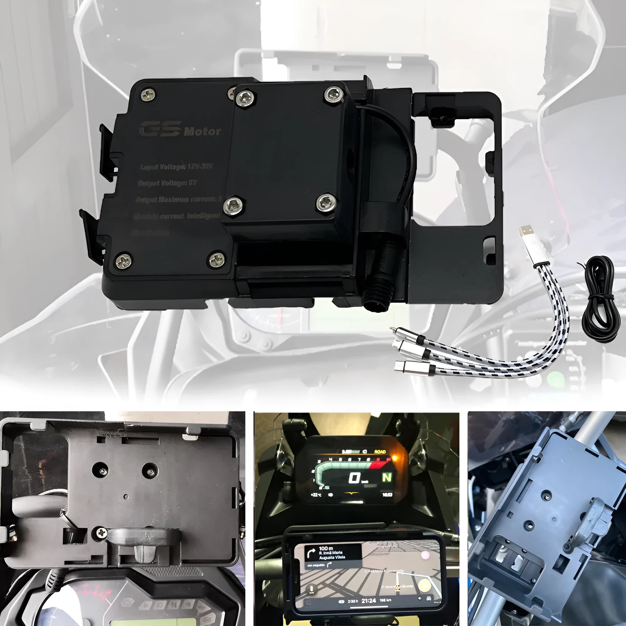 Black ABS plastic phone mounting bracket for BMW R1200GS and R1250GS motorcycles.