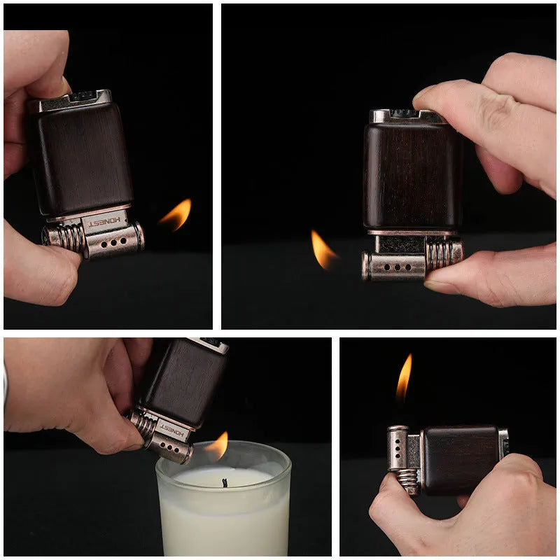 Personality And Creativity Ebony Gas Lighter with black wood inlay and metal body on white background