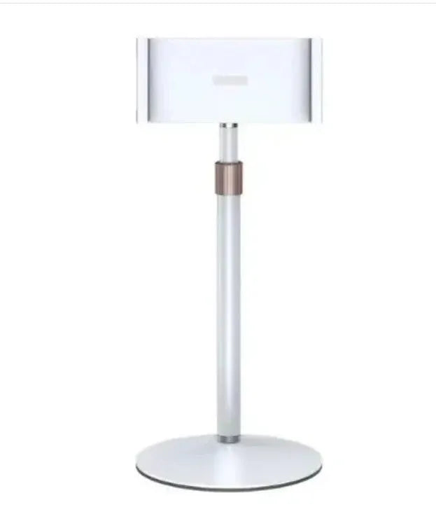 Black adjustable lifting metal bracket holding a tablet, showing extended telescopic arm.