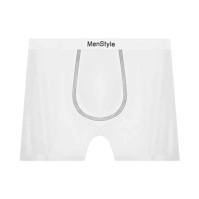 Men's seamless satin ice silk boxer shorts in a mid-waist design shown in bare skin colour.