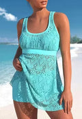 Women's conservative hollow design two-piece swimwear set in solid colour with sleeveless top and briefs bottom