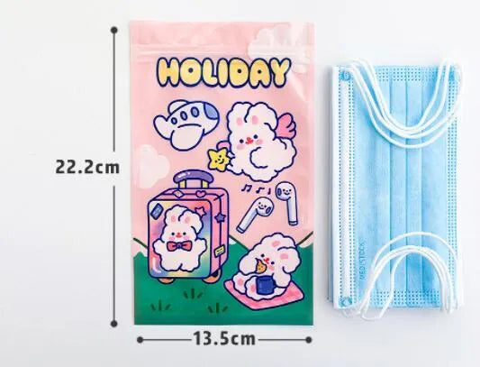 Green reusable packaging bag with cute rabbit graphic for snacks and jewellery storage
