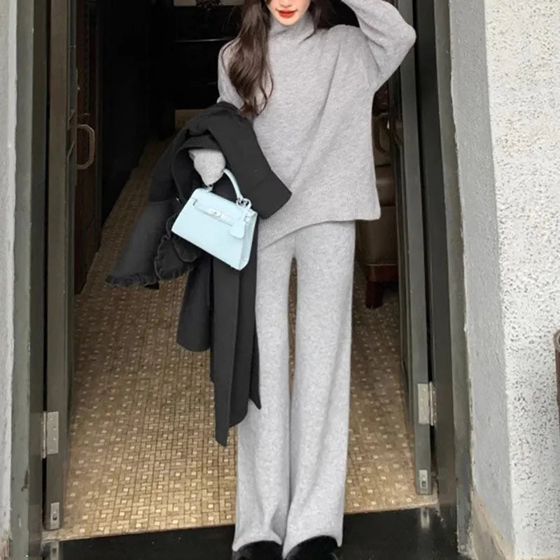 Women's beige acrylic fibre sweater and wide-leg trousers two-piece casual set.