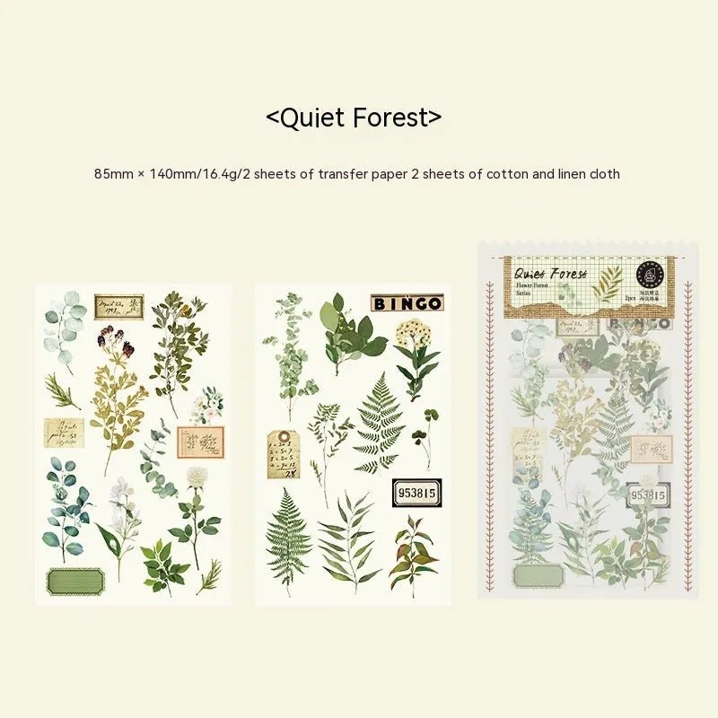 Huazhisen forest art sticker pack showing six colour designs on transfer and cotton linen paper sheets