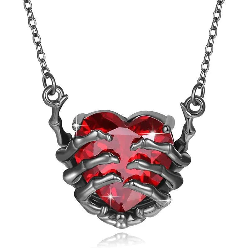 Dark red love ghost claw heart-shaped copper pendant necklace on adjustable O-ring chain