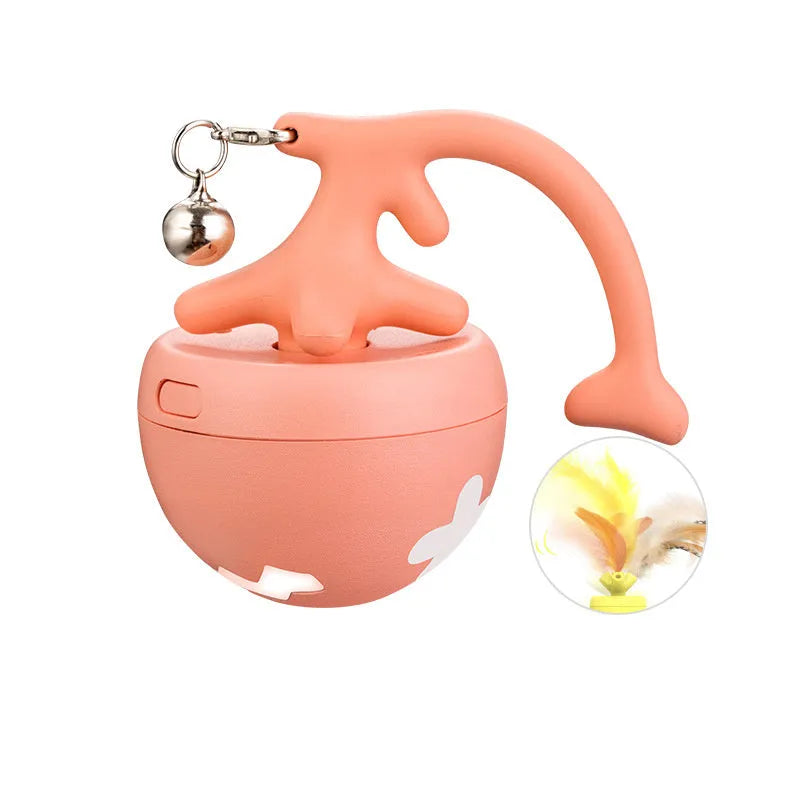 USB electric cat teasing ball toy with rolling fish bone design and feather teaser attachment