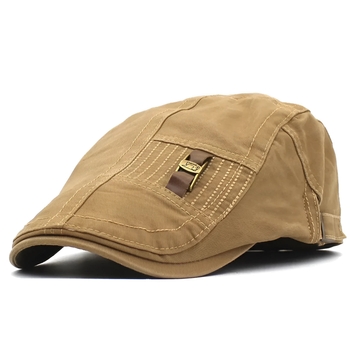 Retro peaked cap with adjustable leather strap and jeans button fastening flat top crown embroidery detail available in green khaki black brown gray navy blue
