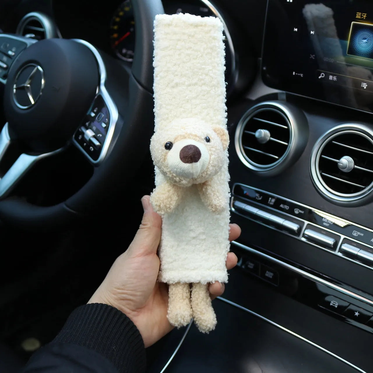 White lamb wool car seat belt shoulder protector with cartoon rabbit and bear designs