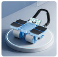 Abdominal exercise wheel with four wheels and automatic rebound mechanism, shown next to a smartphone displaying its fitness app.