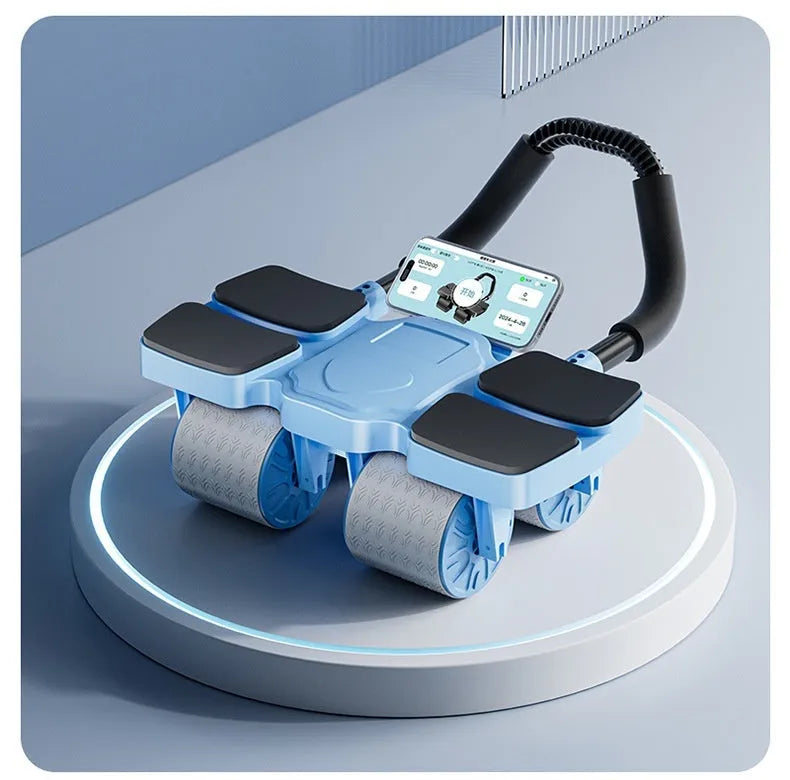 Abdominal exercise wheel with four wheels and automatic rebound mechanism, shown next to a smartphone displaying its fitness app.