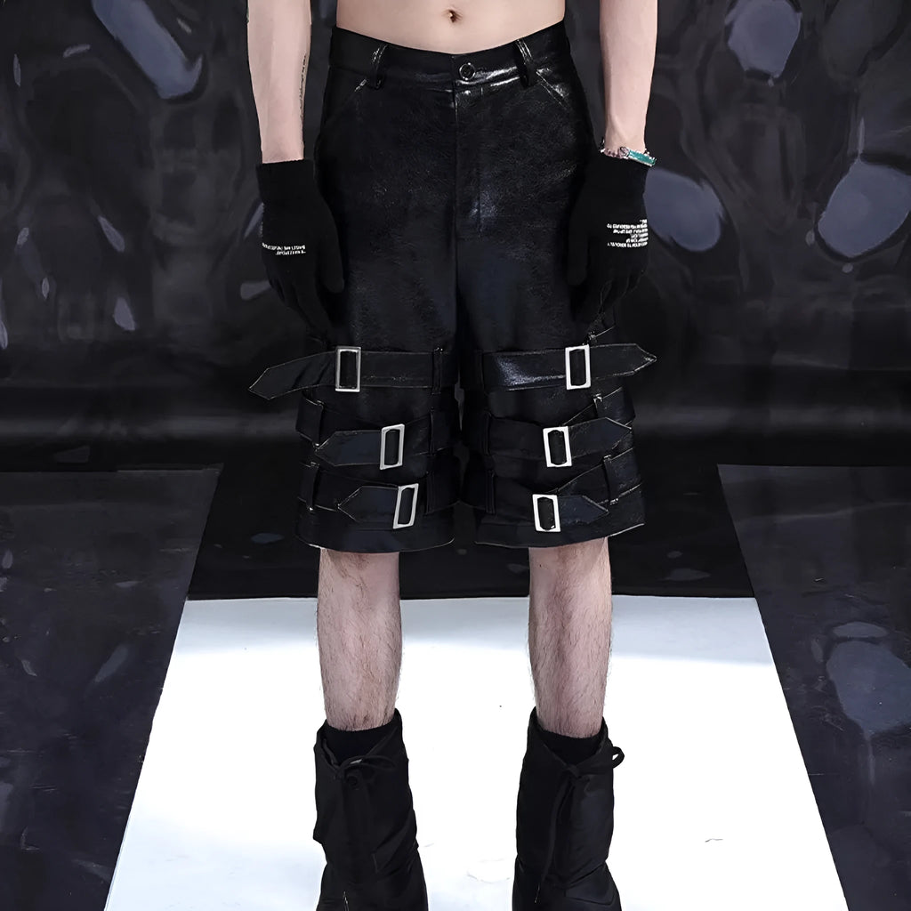 Men's black PU leather casual cropped pants with a medium-low waist on a model.