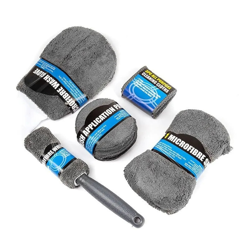 9-piece grey microfiber car wash set with sponge gloves brush and cleaning towels