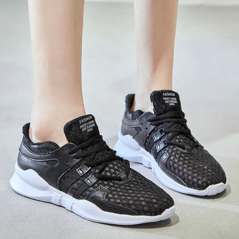 Men's breathable mesh sneakers with hollow-out design and flat EVA sole in black and white colour options