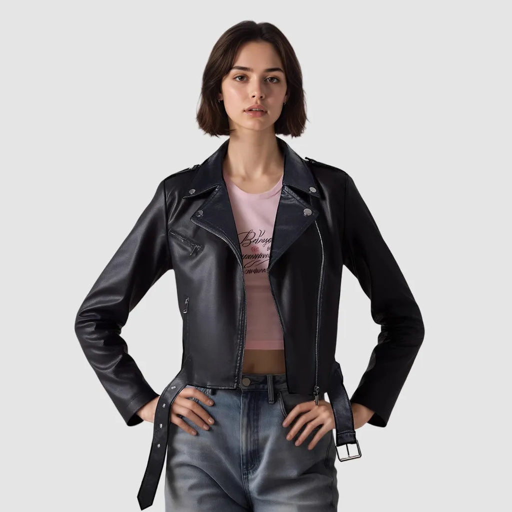 Women's black PU leather motorcycle jacket with lapel belt, on a hanger.
