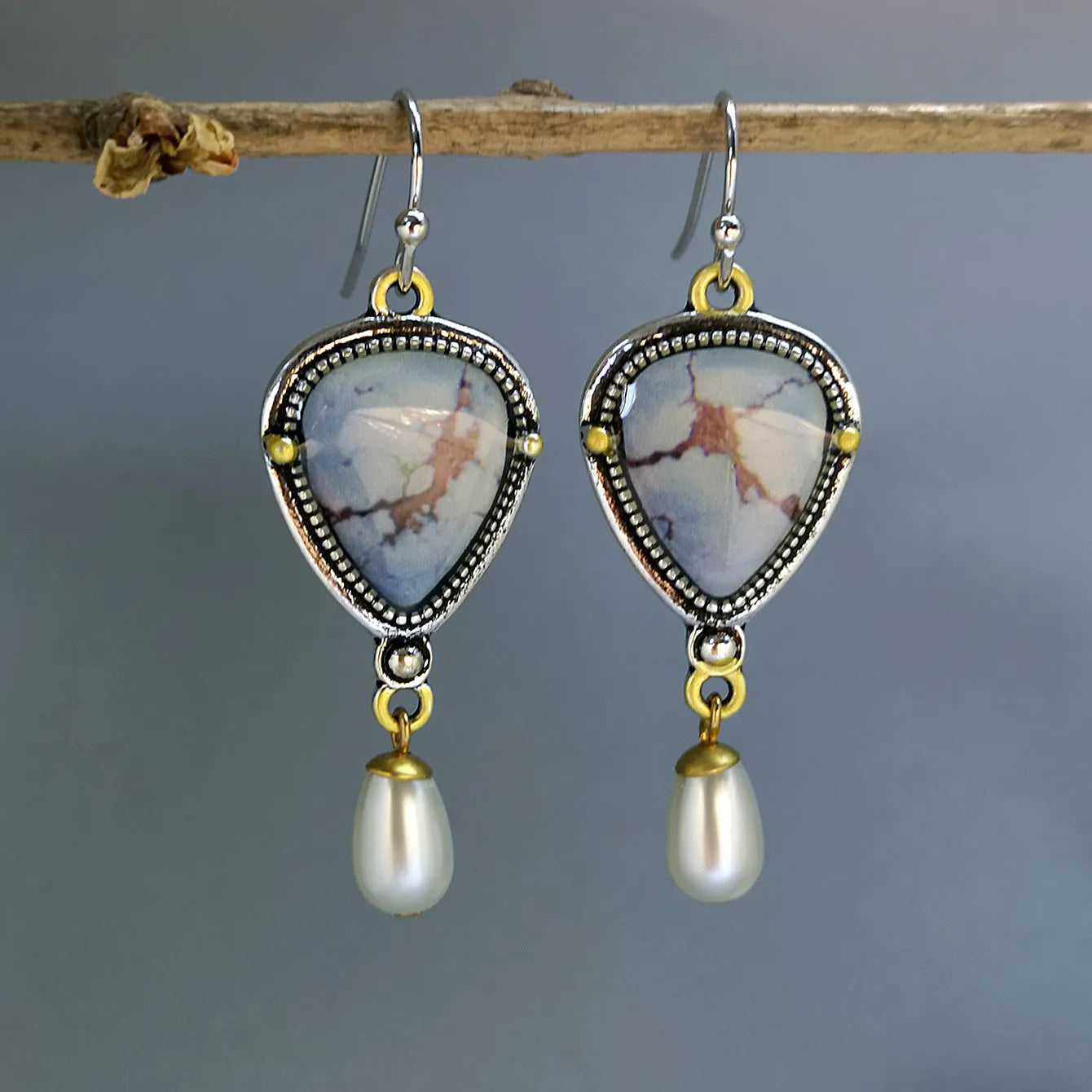 Retro blue Bohemian drop earrings with synthetic opal and pearl stones on geometric metal setting