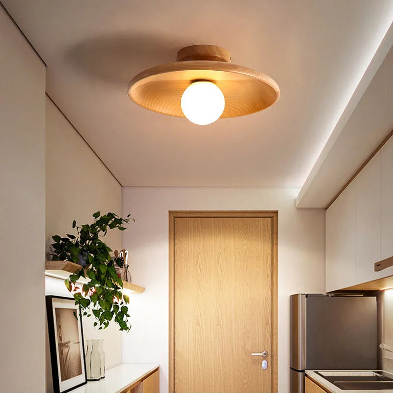 Solid wood and glass ceiling lamp in minimalist design with LED lighting