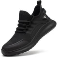 Breathable labour protection shoe for men with black fly-knit upper and rubber plastic sole