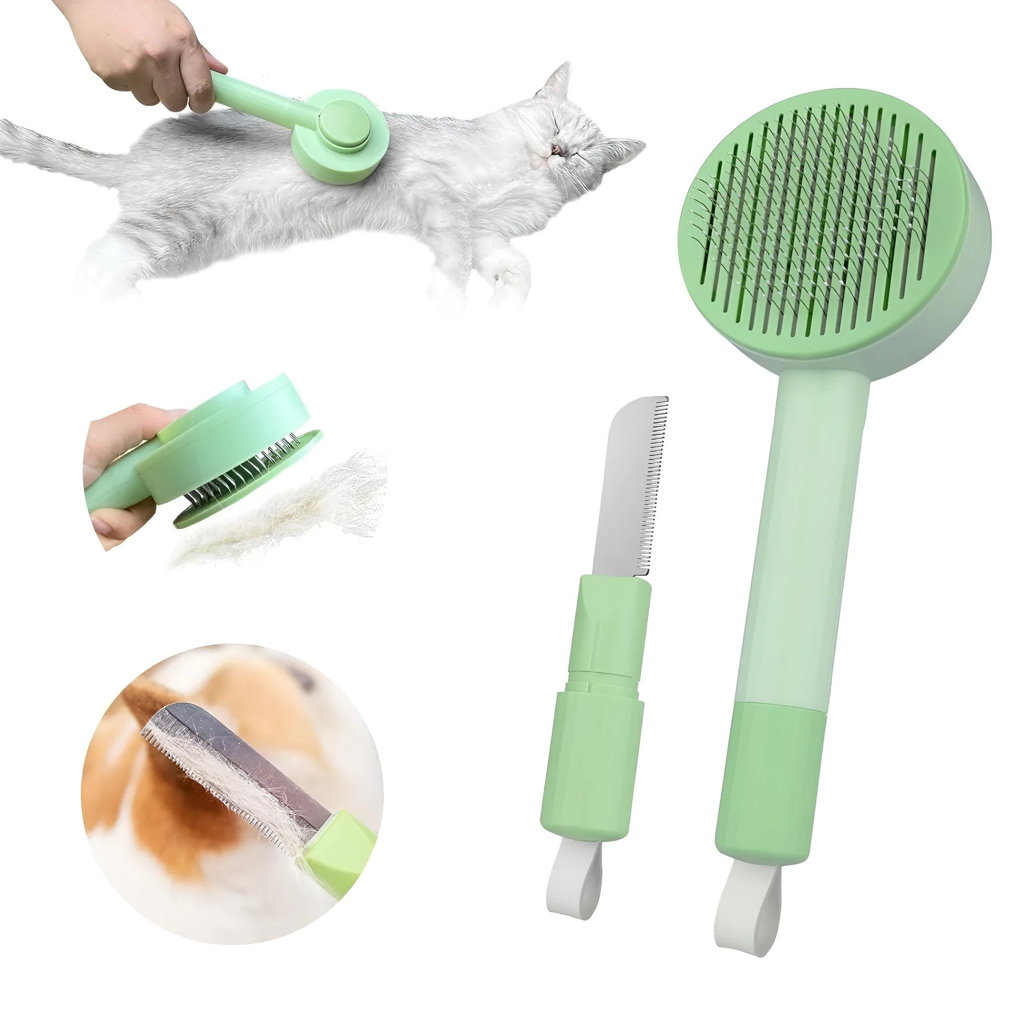 Green and yellow pet grooming brush with stainless steel teeth and a hanging loop for storage.