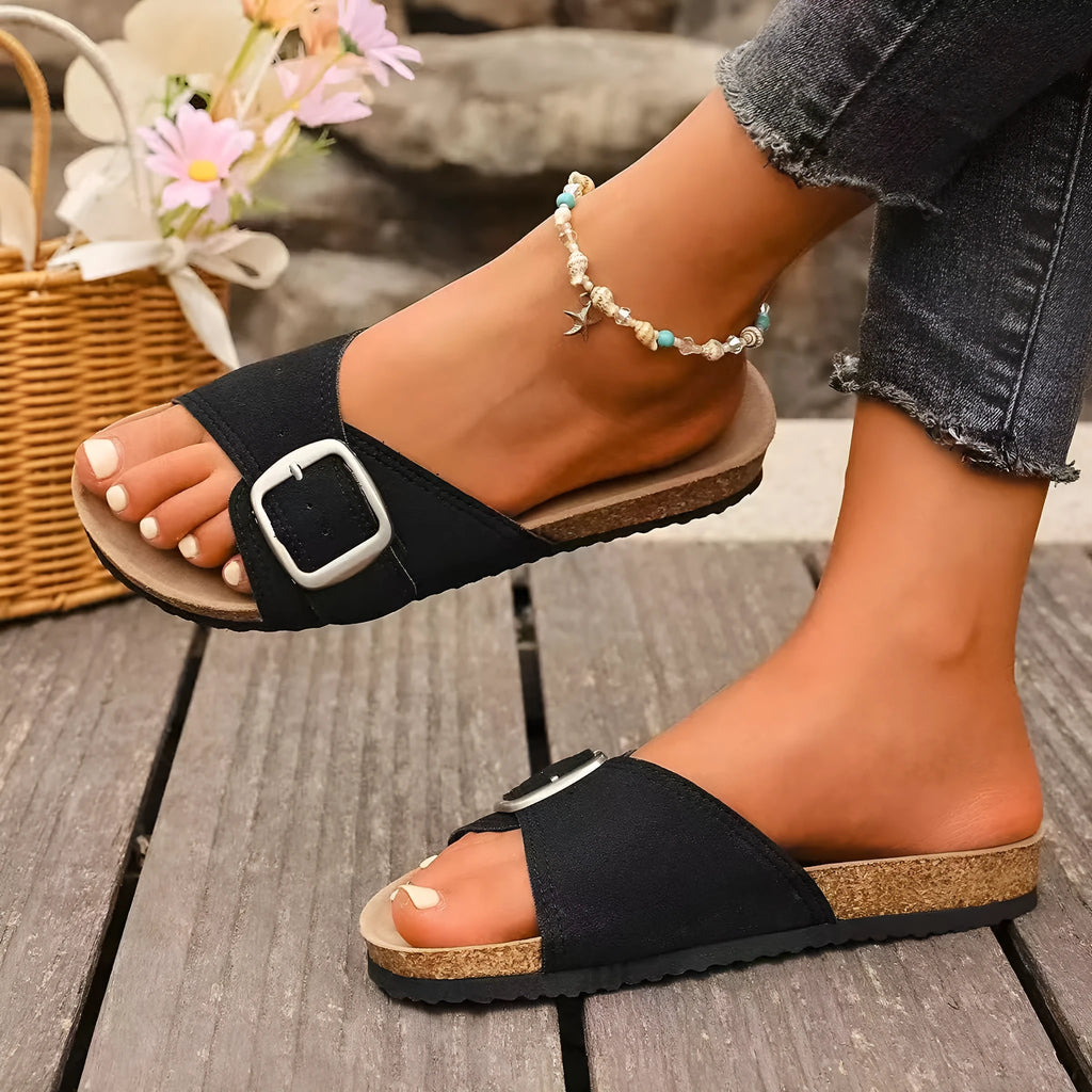 Women's canvas open toe sandals with belt buckle in solid colour, available in black, dark brown, light gray, sizes 35-43