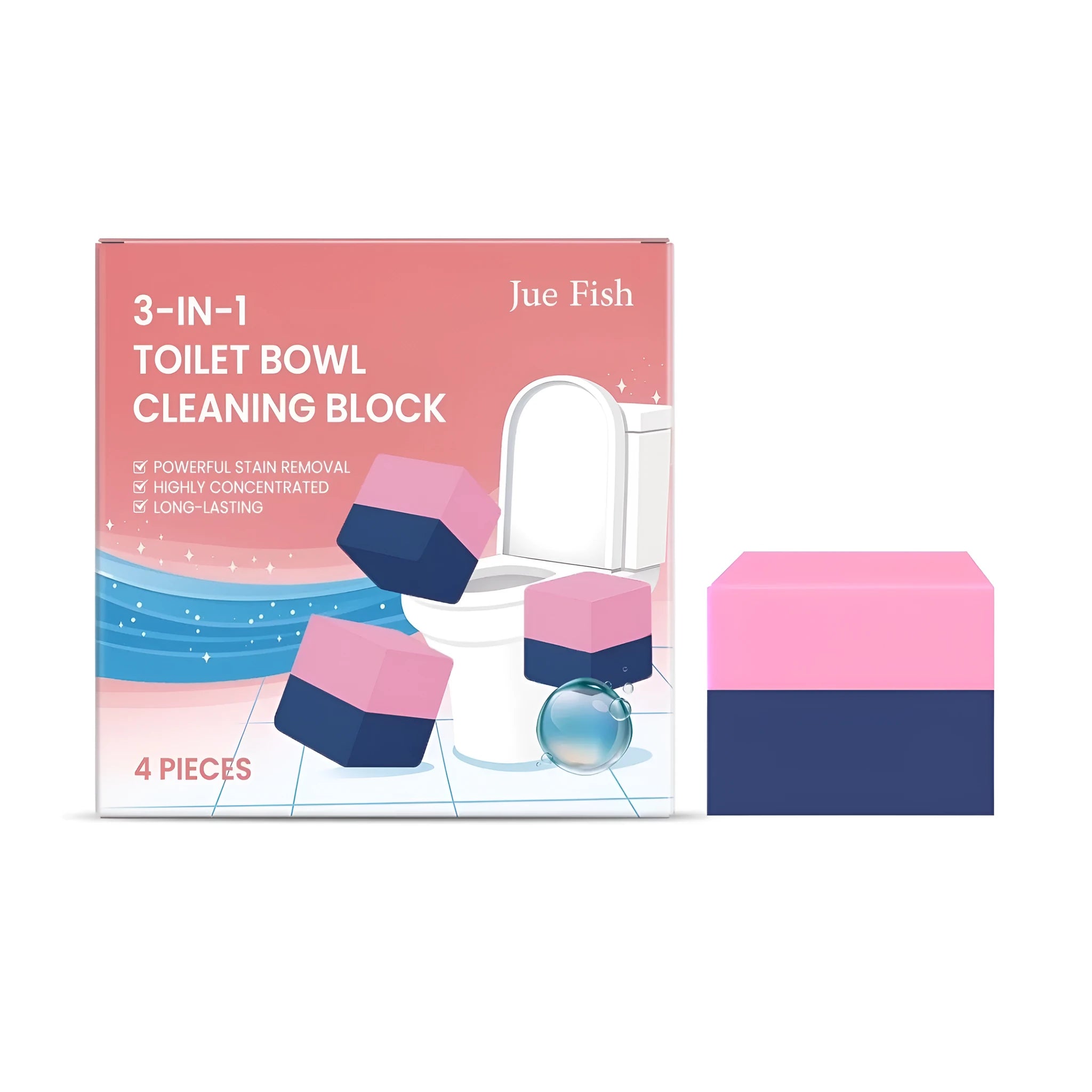 Four toilet cleaning blocks with three-in-one formulation including sodium bicarbonate and citric acid