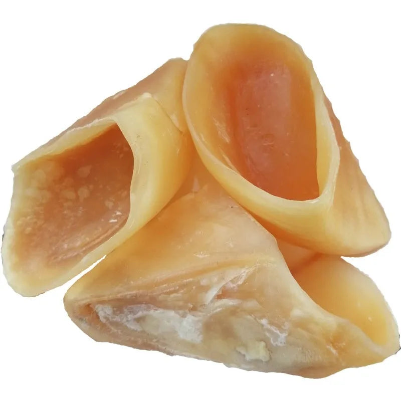 Natural cowhide dog chew rods in hoof shell colour, shown in two sizes for small and medium-large dogs