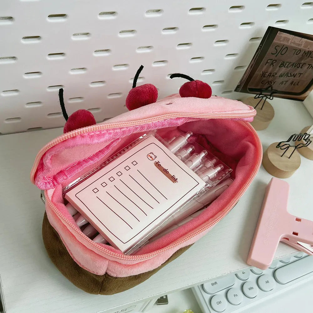 Cherry Cake velvet plush pencil bag with Korean style design and zipper closure