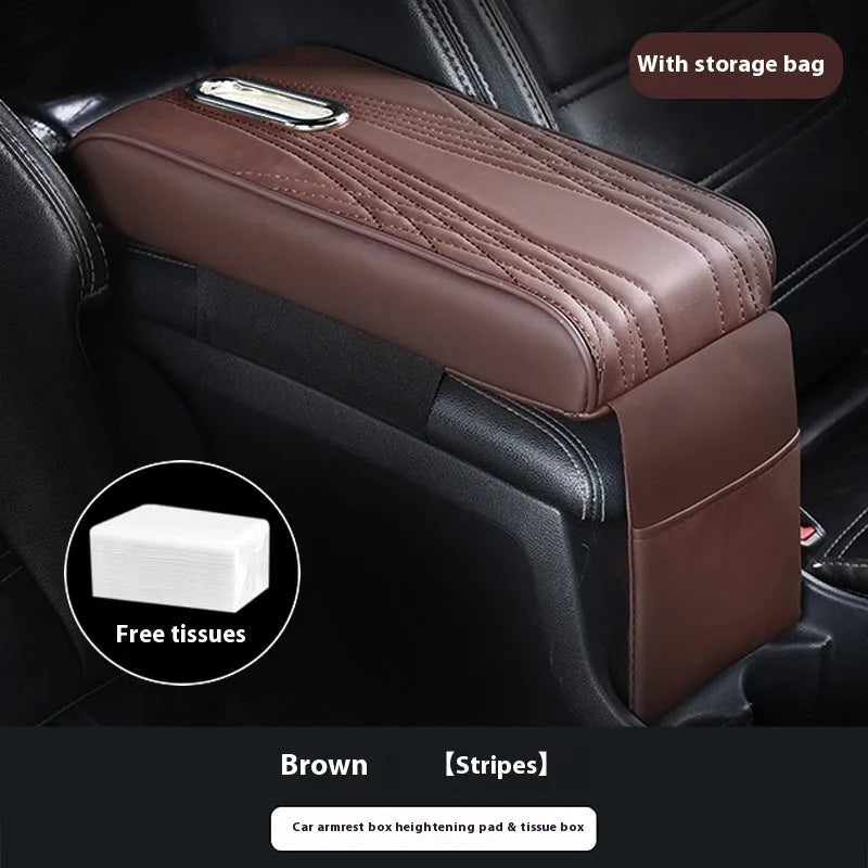 Black leather car armrest cover with angel pattern tissue pocket placed on a vehicle center console