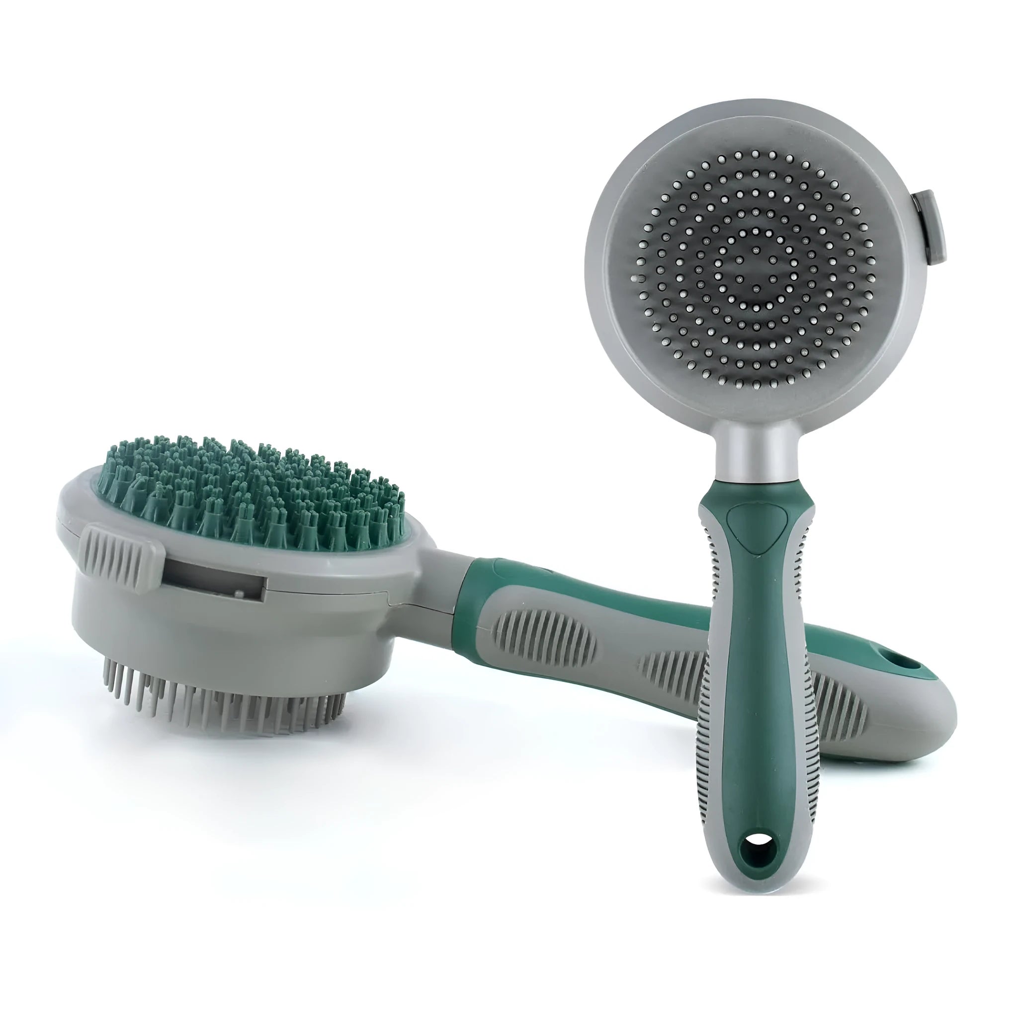 Green two-sided cat brush with retractable slicker and silicone massage pins on plastic handle