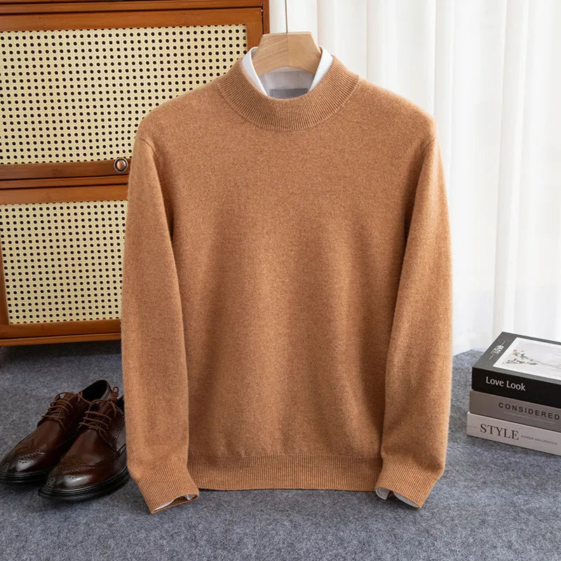 Men's half-turtleneck wool sweater in loose winter business style with thick rough yarn knit
