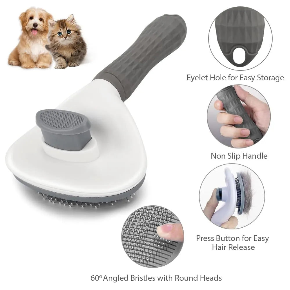 Cat grooming brush with release button in blue, grey and pink colour options