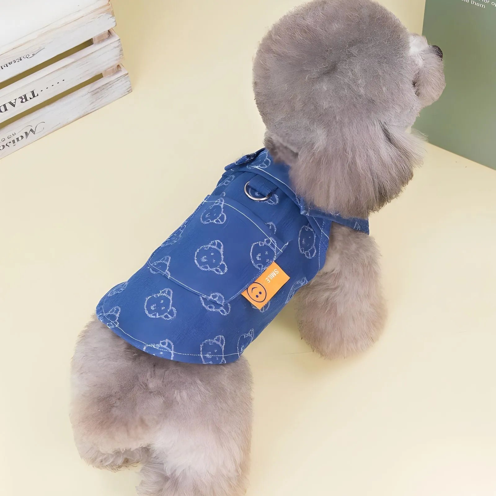 Denim princess dress for small dog with bracket skirt design in blue denim