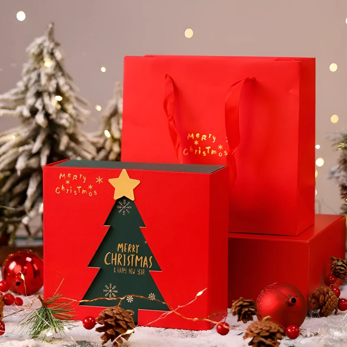 Creative Christmas double open gift box with double door design, three size options, and matching bag