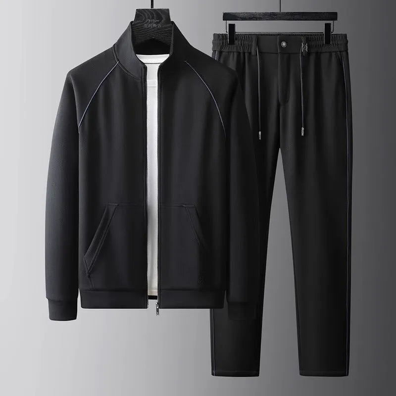 Men's slim fit stand collar casual sports suit two-piece set in black.