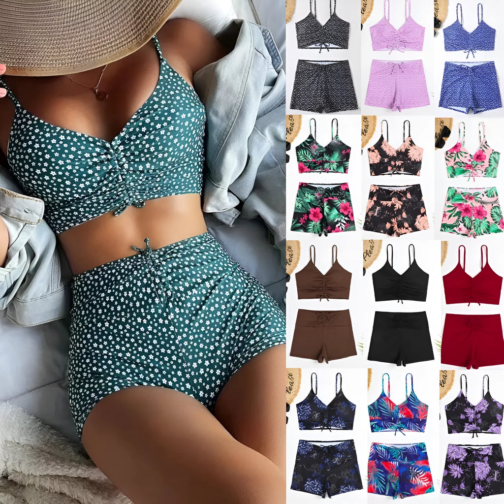 XINGX printed multicolor conservative boxer split swimsuit for women, polyester fabric, wireless padded cups
