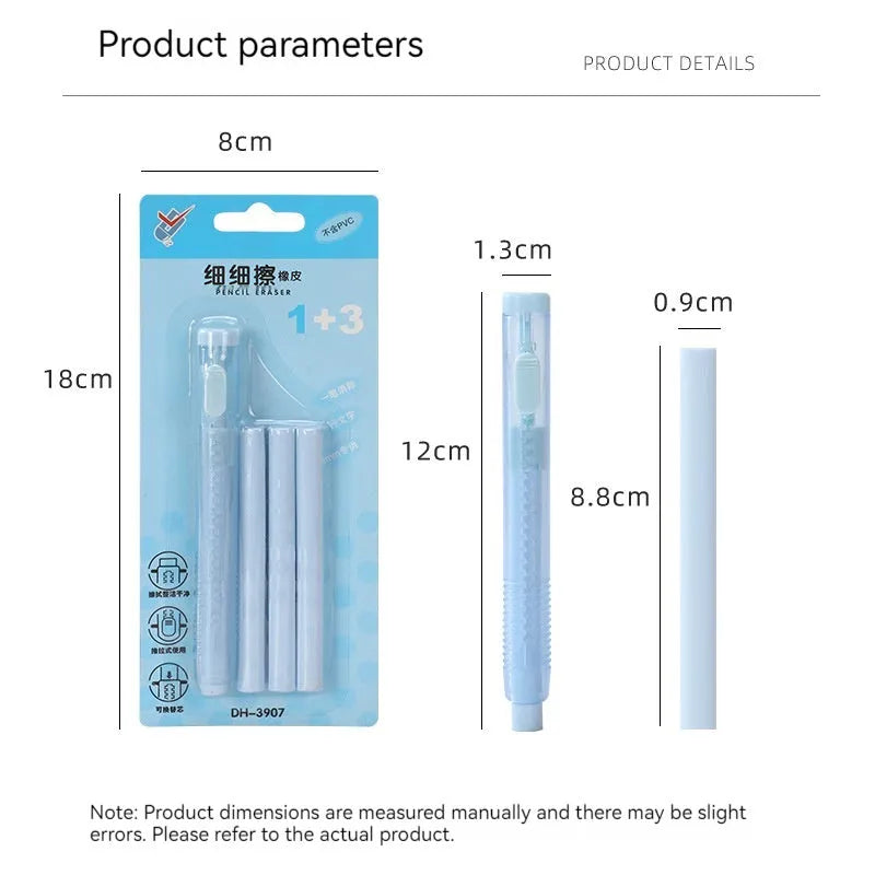 Blue push-type automatic children's eraser with traceless function, 12cm long.