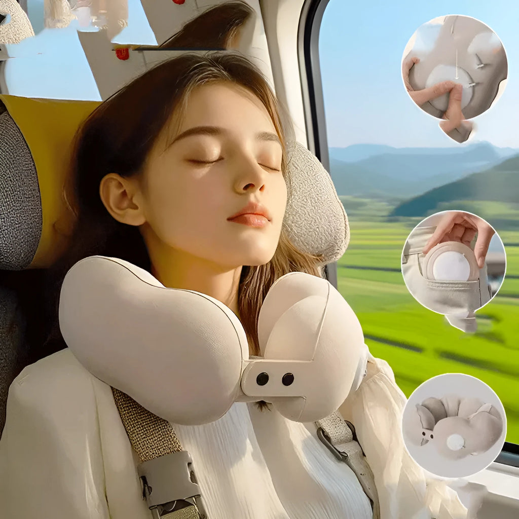 Cloud bubble coloured U-shaped travel pillow with cartoon print, folded compactly for transport.