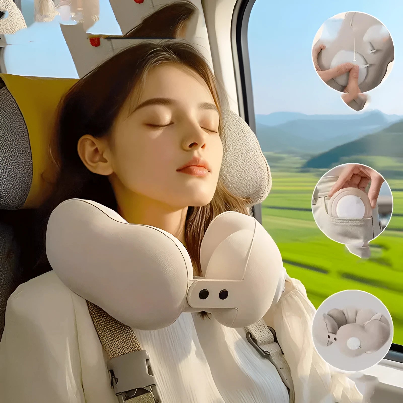Cloud bubble coloured U-shaped travel pillow with cartoon print, folded compactly for transport.