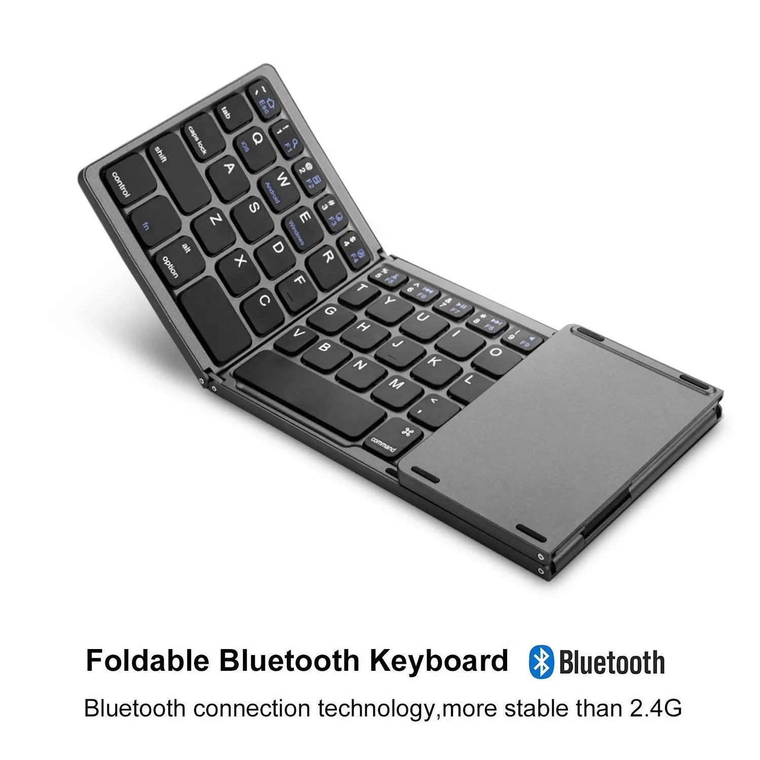 Black tri-fold Bluetooth keyboard shown folded and unfolded beside smartphone