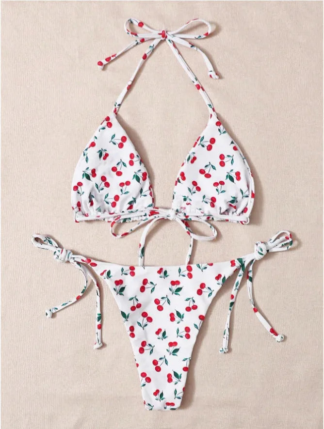 Split halter bikini swimsuit with backless design and adjustable halter neck in solid colour