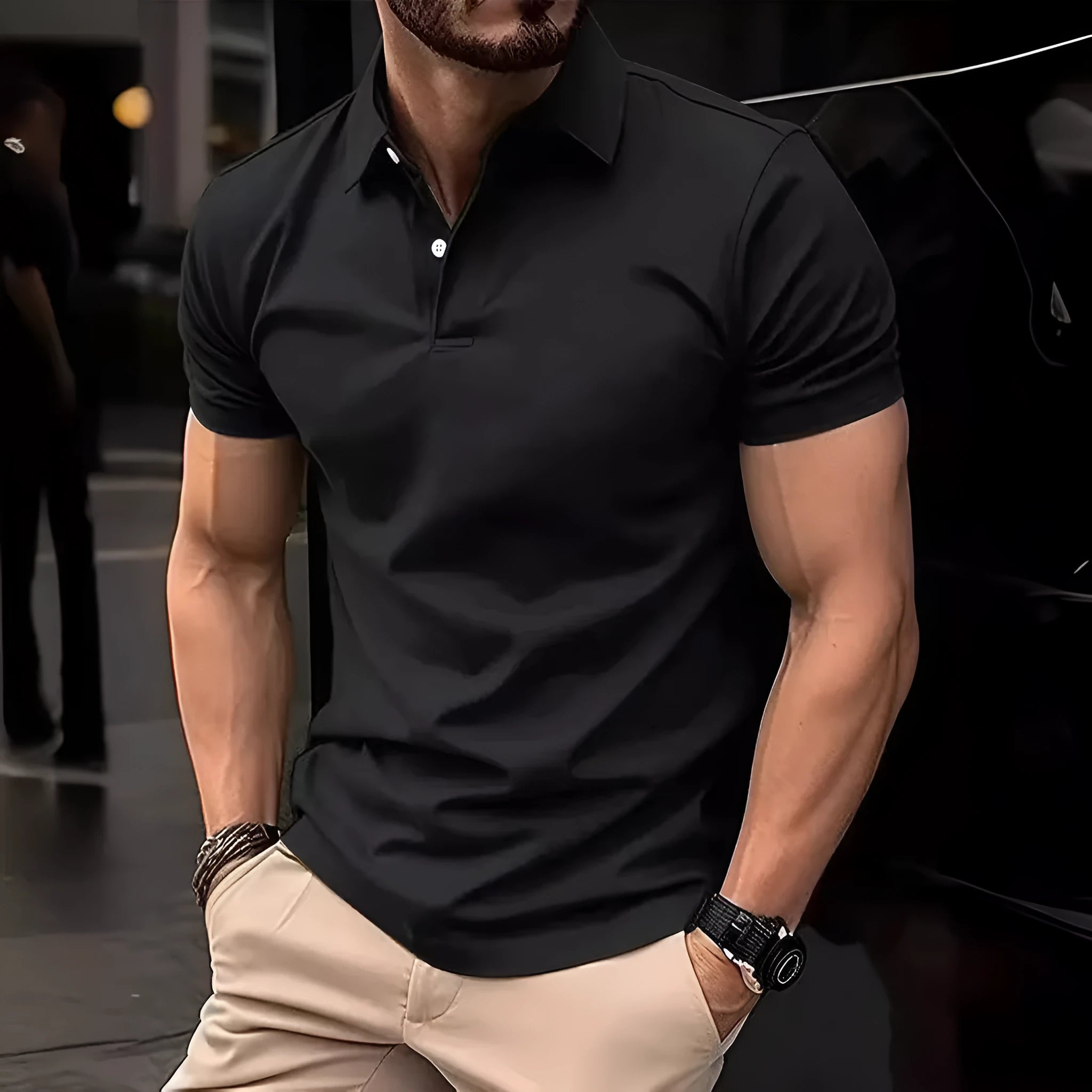Man wearing a slim-fit solid colour short sleeve button-up casual shirt in a cotton blend fabric.