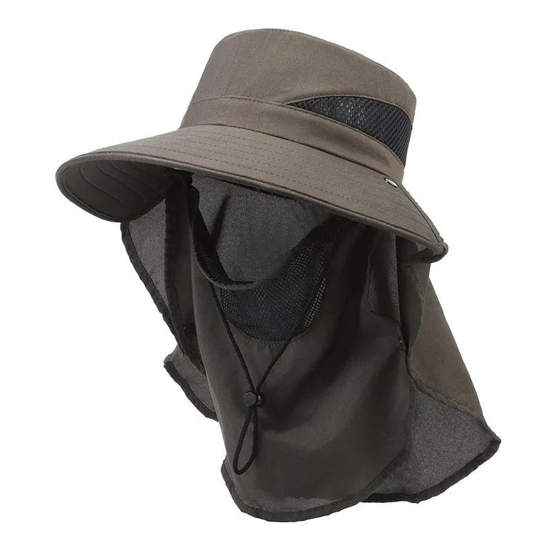 Men's big brim sun-shade fisherman hat made of polyester in khaki colour, with dome crown and adjustable fit