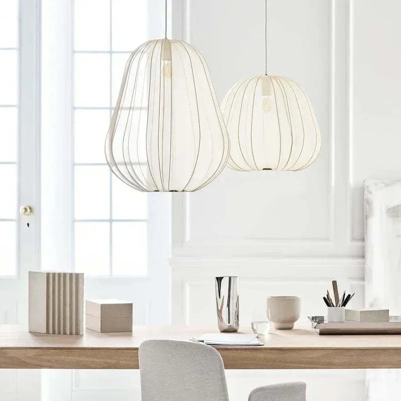 Japanese style pumpkin-shaped ceiling pendant lamp with branching arms and integrated LED lighting in grey blue finish