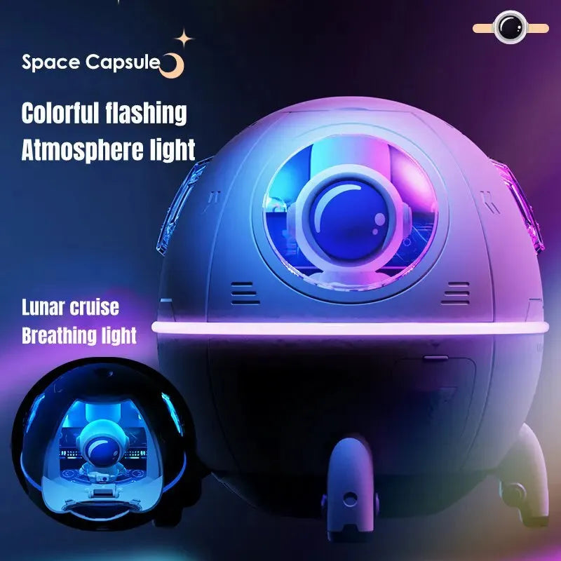 Light purple astronaut-shaped USB desktop humidifier with LED light on a desk