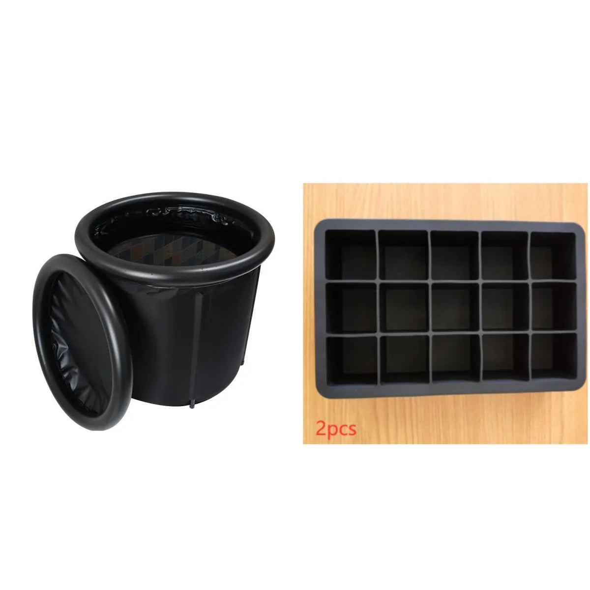 Black inflatable portable ice bath tub with weather lid, shown outdoors.