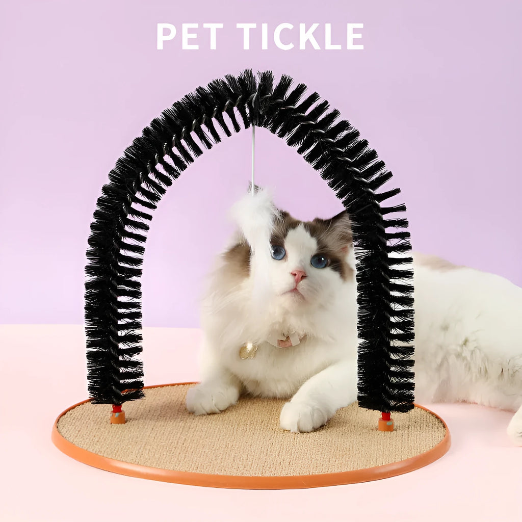 Black plastic arch-shaped cat grooming device with scratching cloth and attached mouse toy