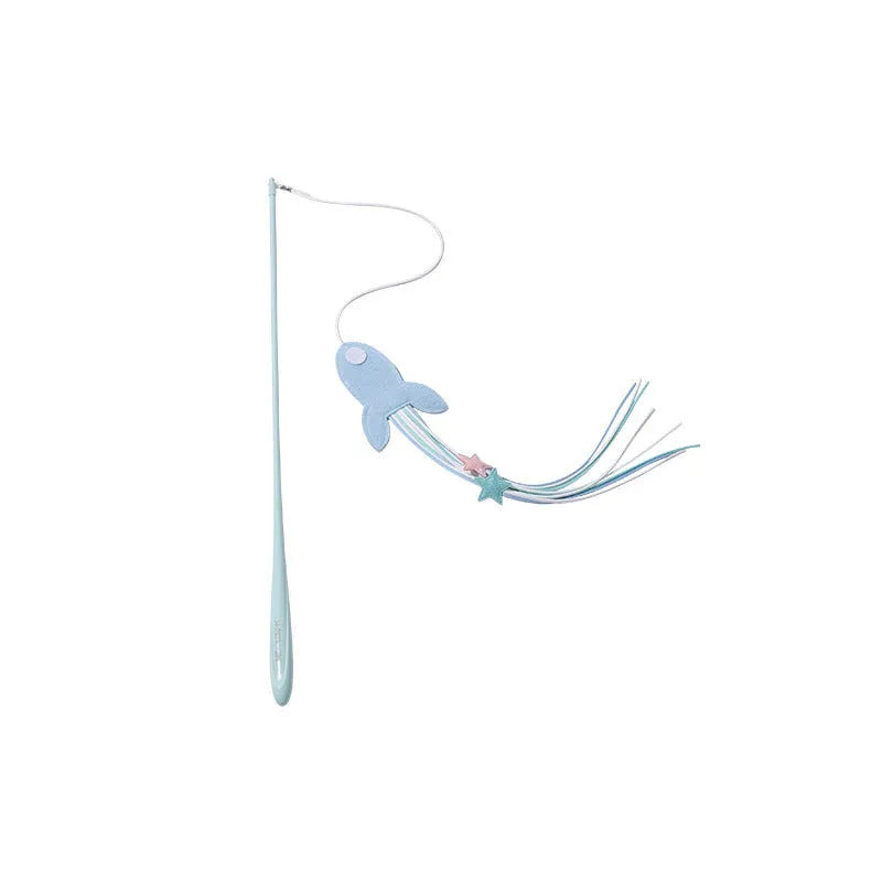 Adjustable cat teaser wand with telescopic pole extended to show feather attachments and inflatable ego component