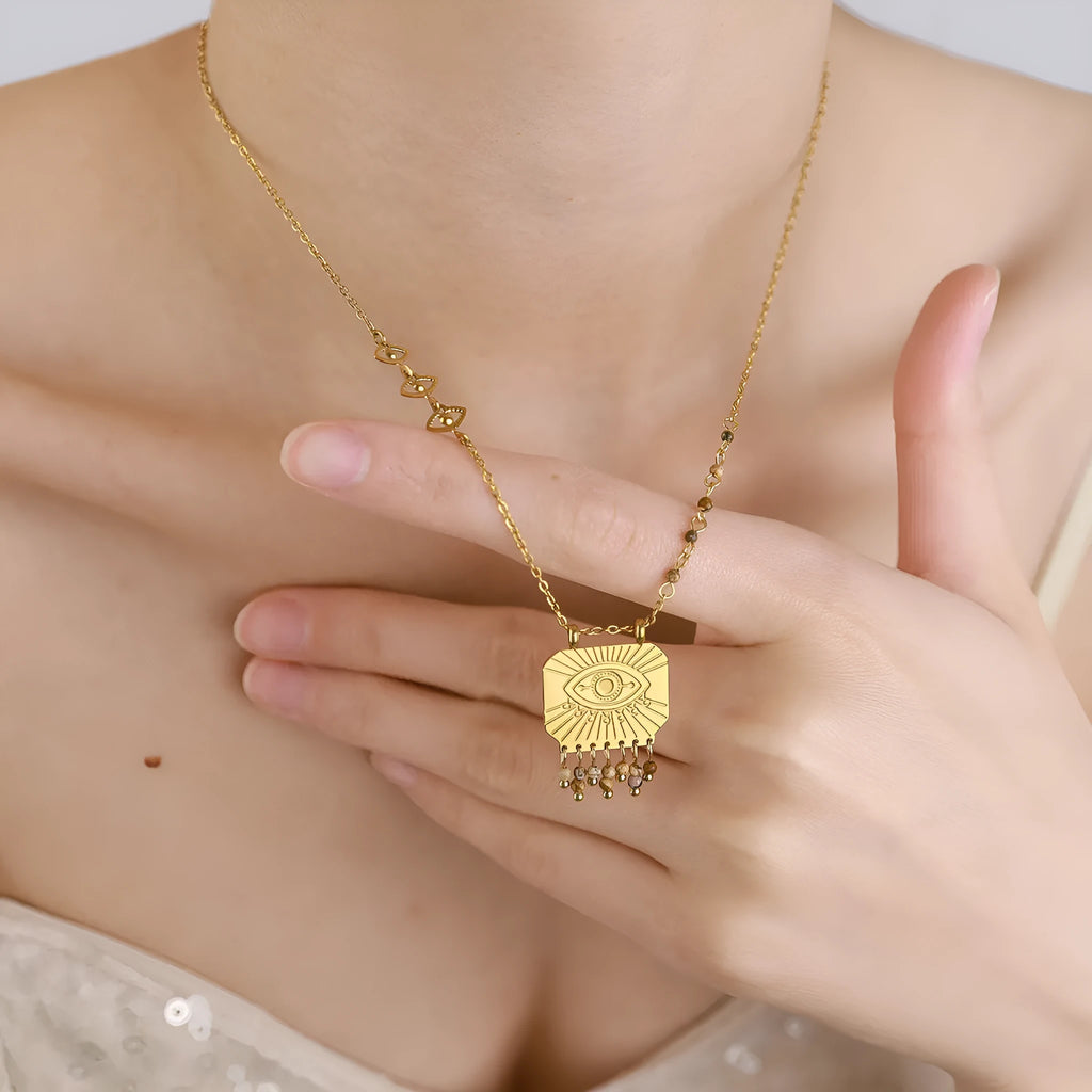 Gold titanium steel square pendant necklace with evil eye and natural stone detail, 41-50cm chain