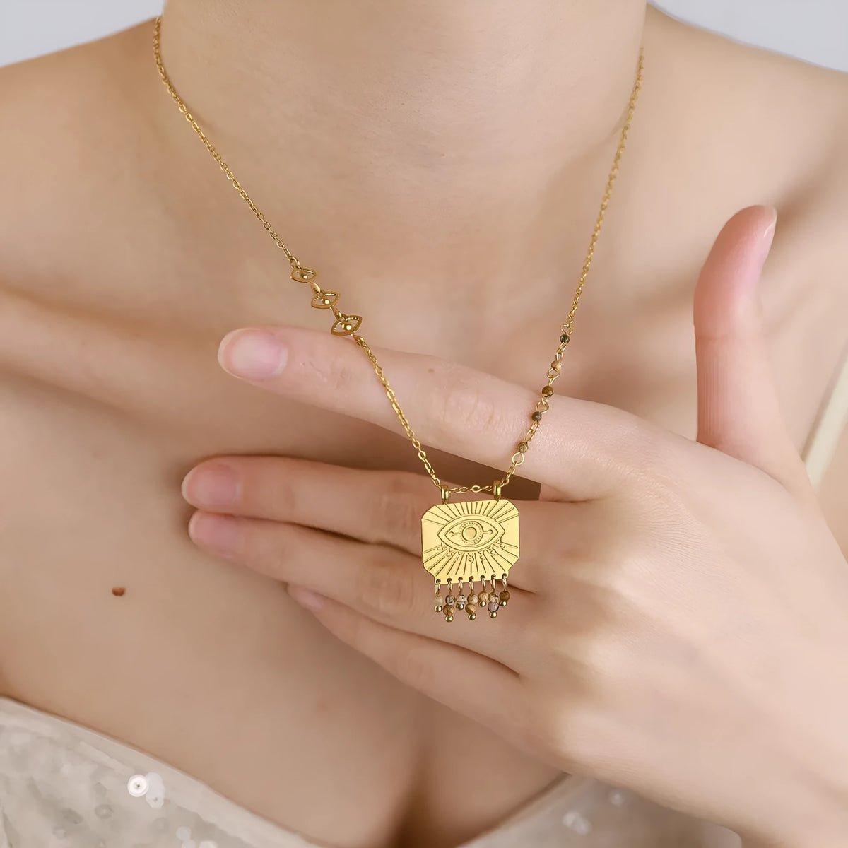 Gold titanium steel square pendant necklace with evil eye and natural stone detail, 41-50cm chain
